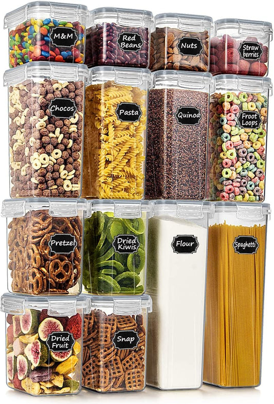 Airtight Food Storage Containers with Lids, 14PC Plastic Kitchen Containers Storage Set for Pantry Organization and Storage, Cereal, Flour and Sugar Containers, Include 20 Labels & Pen